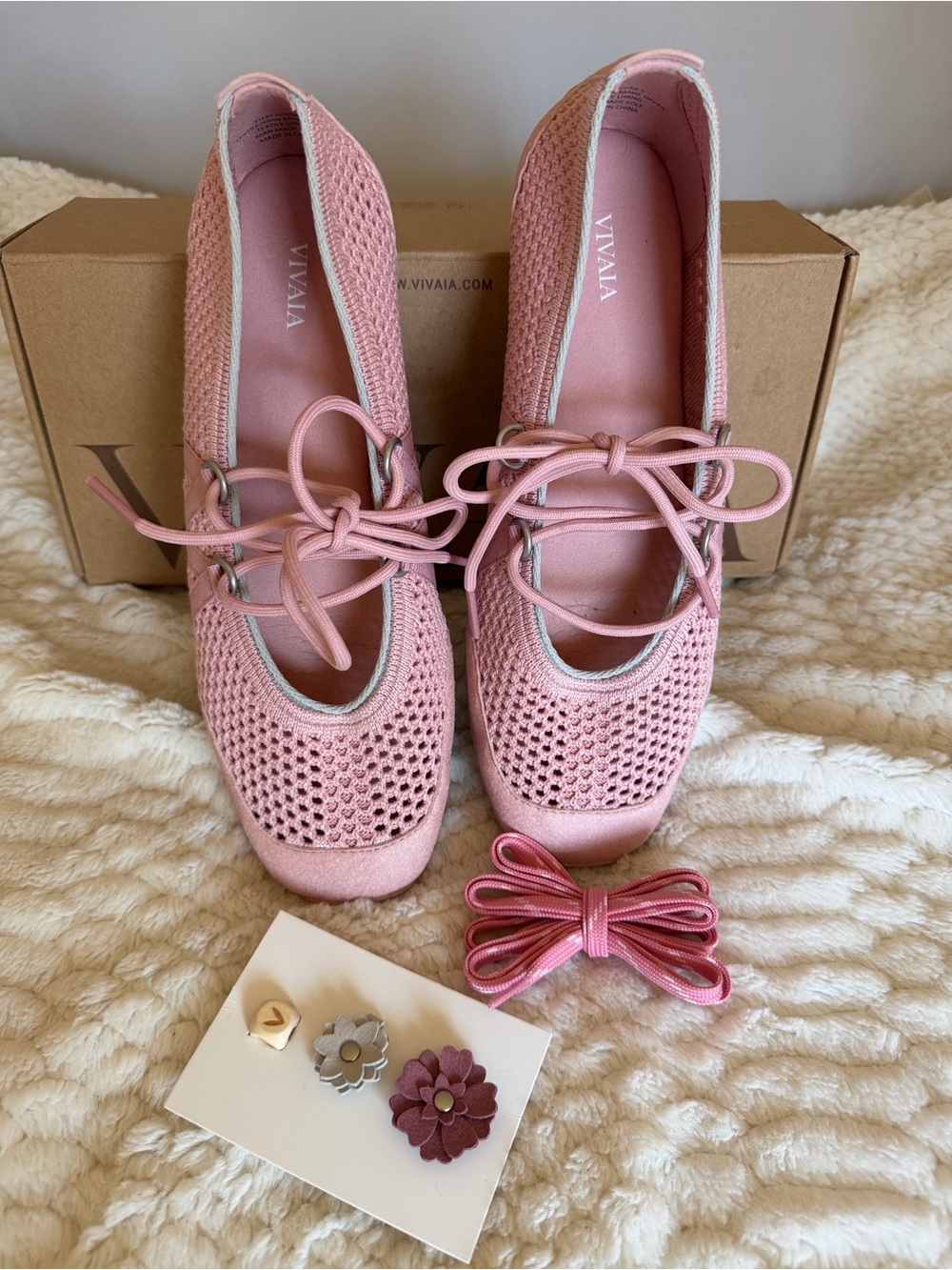 Vivaia Pink Knit Ballet Flats with Lace-Up Detail